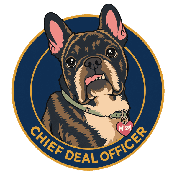 Missy, Chief Deal Officer. A brindle French Bulldog in a navy and gold circular badge.